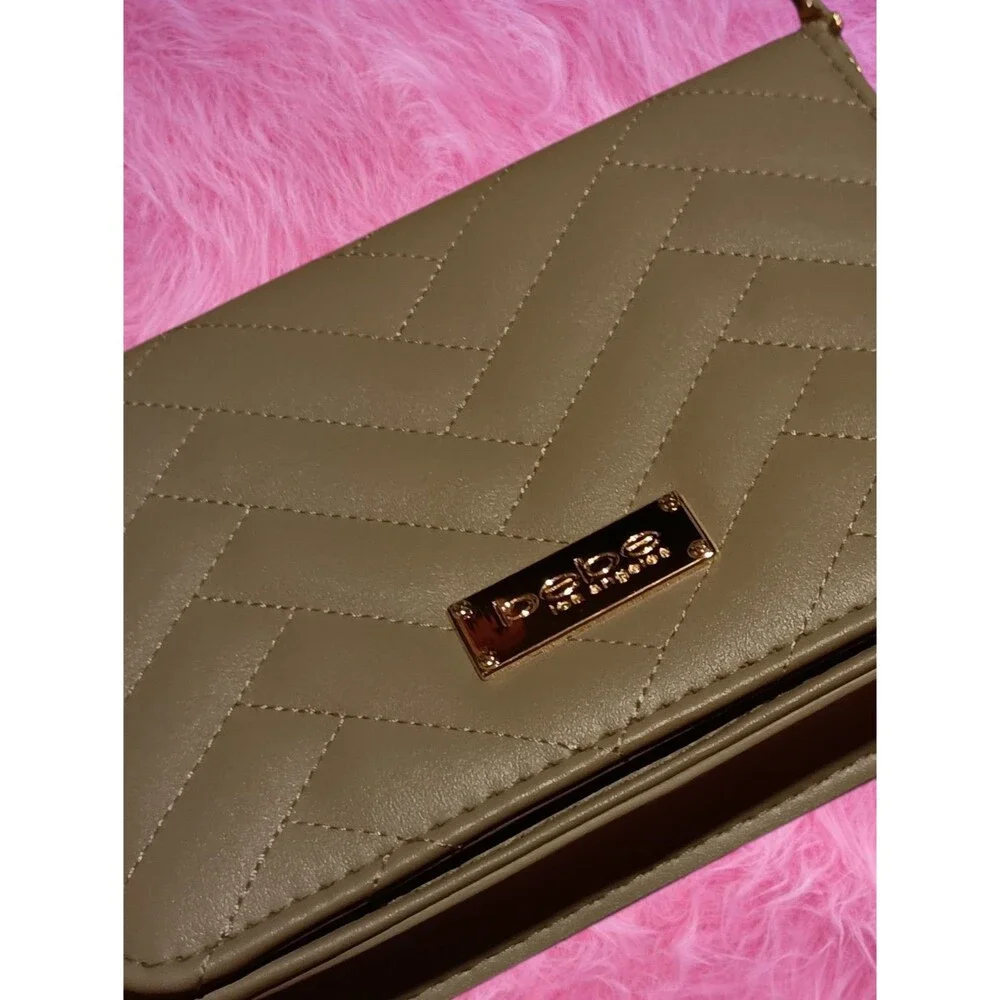Bebe Beige Brown Quilted Crossbody Shoulder Bag with Gold Chain Strap